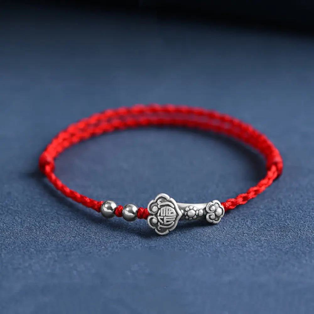 Buddha Stones Handmade 999 Sterling Silver Fu Character Wish Ruyi Handle Fortune Rope Bracelet Anklet - BWOOOH