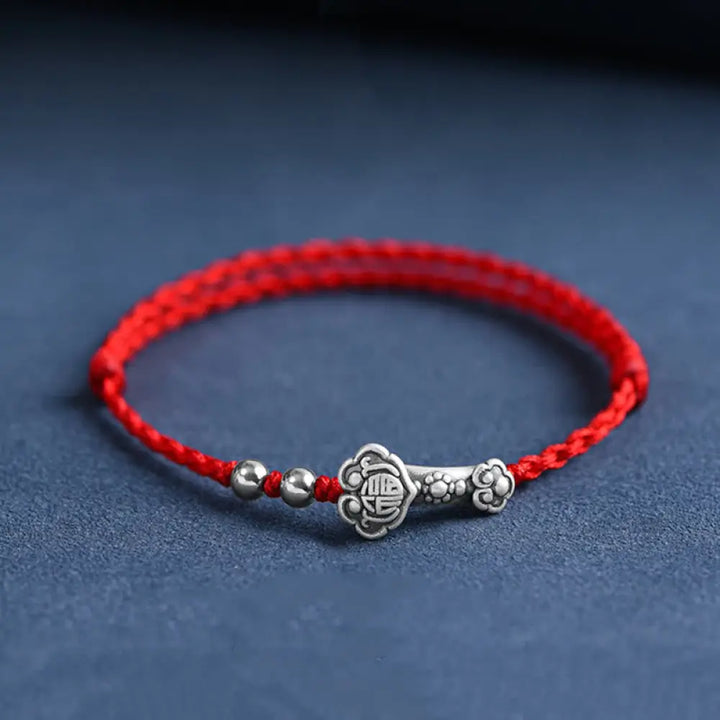 Buddha Stones Handmade 999 Sterling Silver Fu Character Wish Ruyi Handle Fortune Rope Bracelet Anklet - BWOOOH