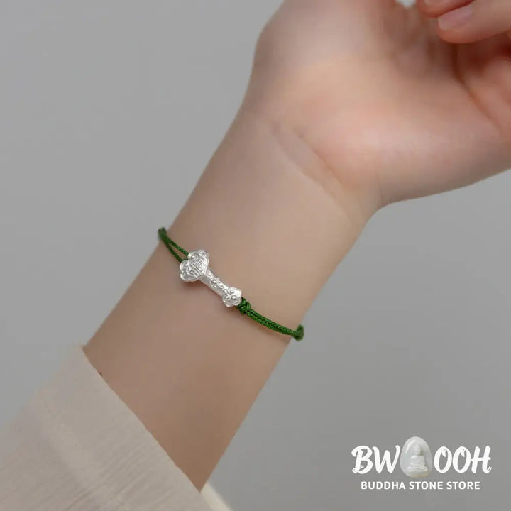Buddha Stones Handmade 999 Sterling Silver Fu Character Wish Ruyi Handle Luck Braided Green Rope Bracelet - BWOOOH - Fu