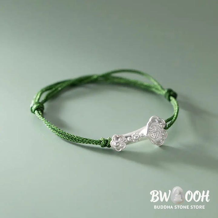 Buddha Stones Handmade 999 Sterling Silver Fu Character Wish Ruyi Handle Luck Braided Green Rope Bracelet - BWOOOH - Fu