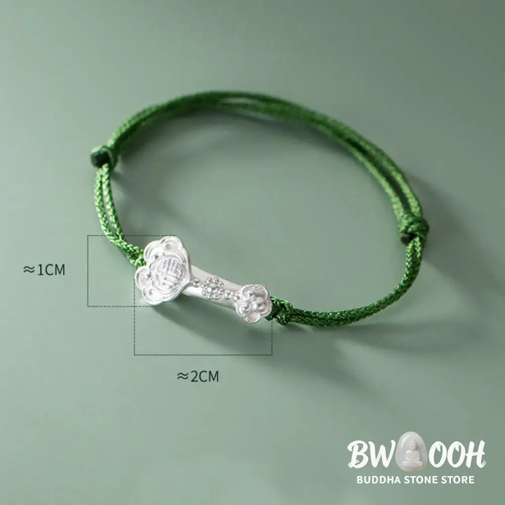 Buddha Stones Handmade 999 Sterling Silver Fu Character Wish Ruyi Handle Luck Braided Green Rope Bracelet - BWOOOH - Fu