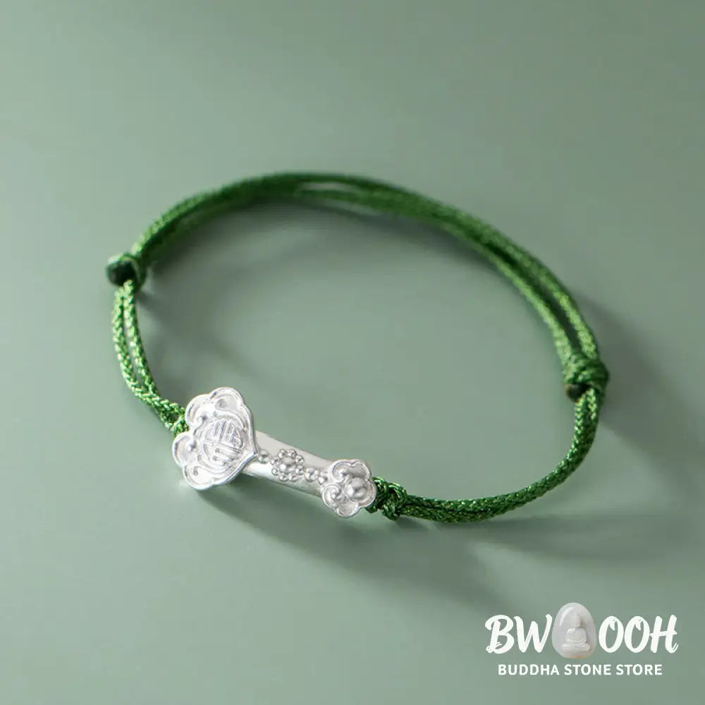 Buddha Stones Handmade 999 Sterling Silver Fu Character Wish Ruyi Handle Luck Braided Green Rope Bracelet - BWOOOH - Fu