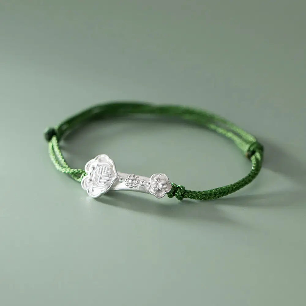 BWOOOH Handmade 999 Sterling Silver Fu Character Wish Ruyi Handle Luck Braided Green Rope Bracelet - BWOOOH - Fu