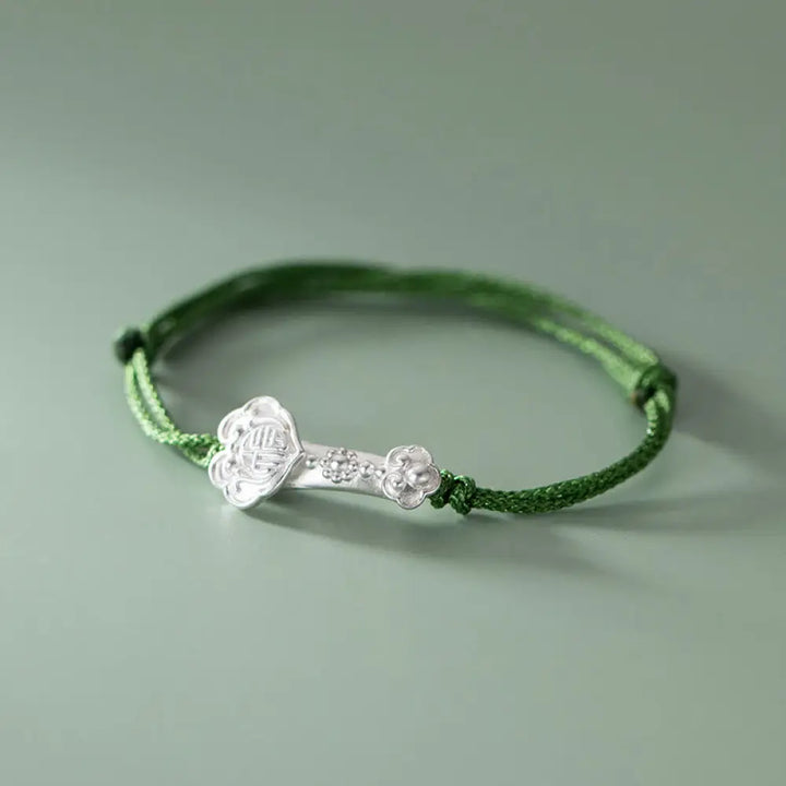BWOOOH Handmade 999 Sterling Silver Fu Character Wish Ruyi Handle Luck Braided Green Rope Bracelet - BWOOOH - Fu