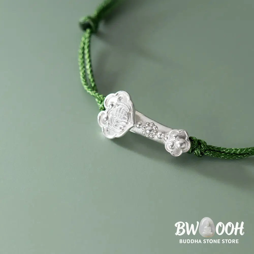 Buddha Stones Handmade 999 Sterling Silver Fu Character Wish Ruyi Handle Luck Braided Green Rope Bracelet - BWOOOH - Fu