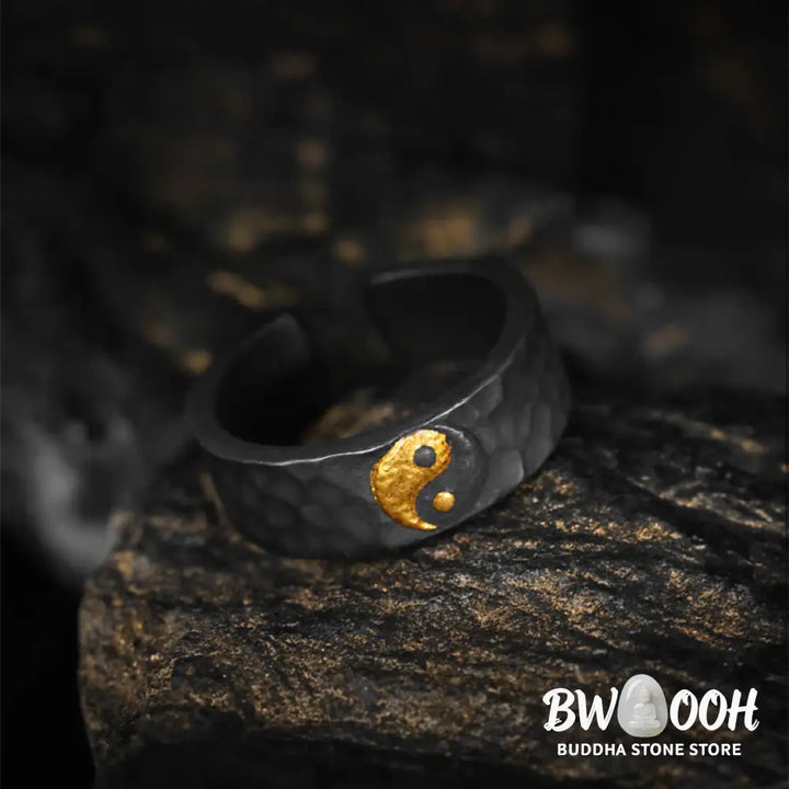 Buddha Stones Handmade 999 Sterling Silver 999 Gold Yin Yang Textured Balance Ring - Ring