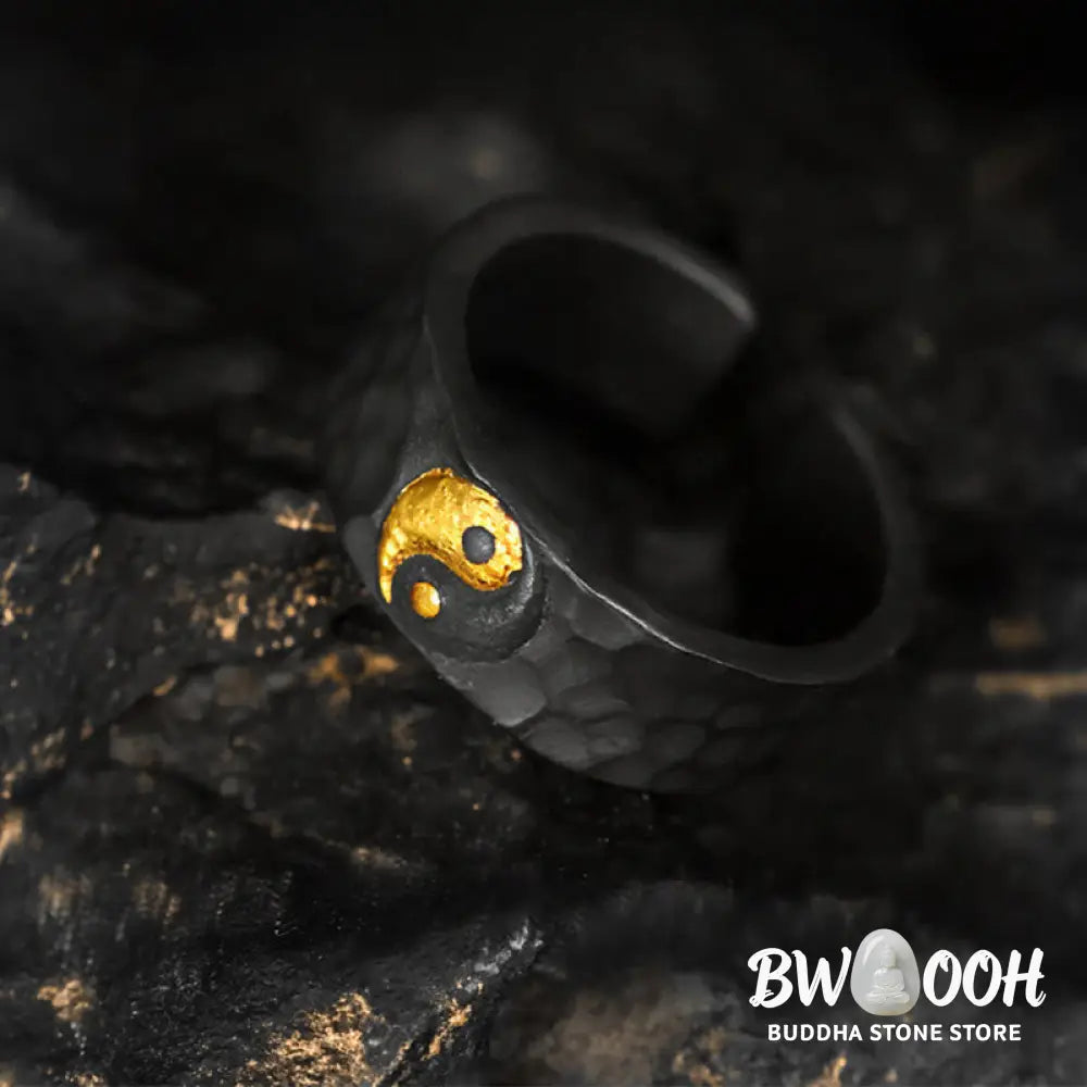 Buddha Stones Handmade 999 Sterling Silver 999 Gold Yin Yang Textured Balance Ring - Ring