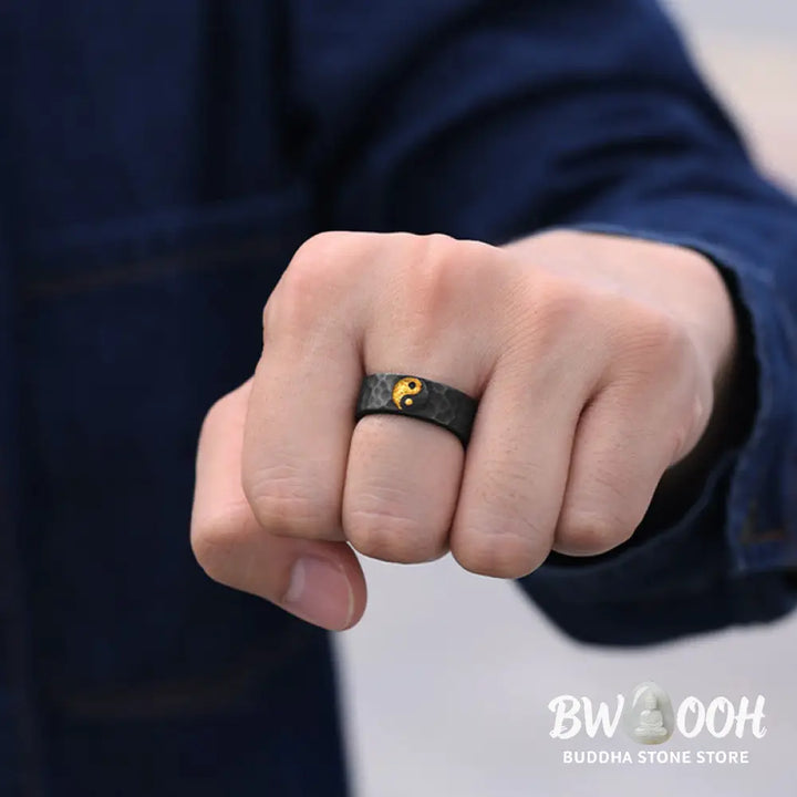 Buddha Stones Handmade 999 Sterling Silver 999 Gold Yin Yang Textured Balance Ring - Ring