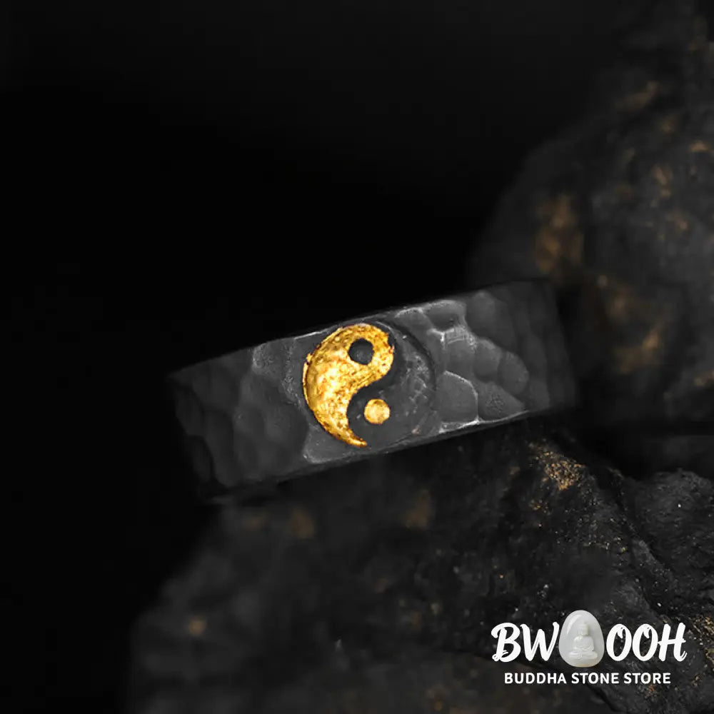 Buddha Stones Handmade 999 Sterling Silver 999 Gold Yin Yang Textured Balance Ring - Ring