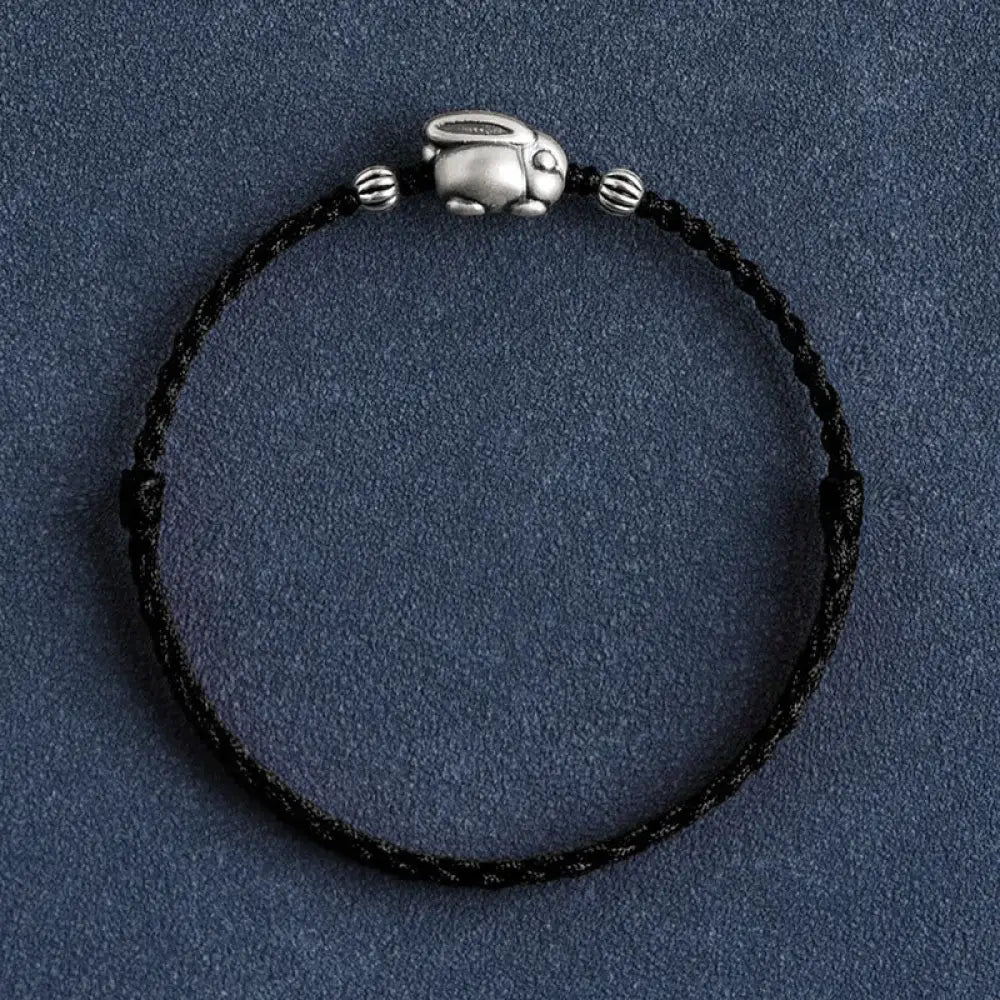 Buddha Stones Handmade 999 Sterling Silver Rabbit Luck Rope Bracelet Anklet - BWOOOH - Small Rabbit Bracelet(Wrist