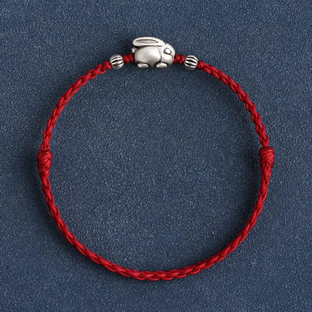 Buddha Stones Handmade 999 Sterling Silver Rabbit Luck Rope Bracelet Anklet - BWOOOH - Small Rabbit Bracelet(Wrist