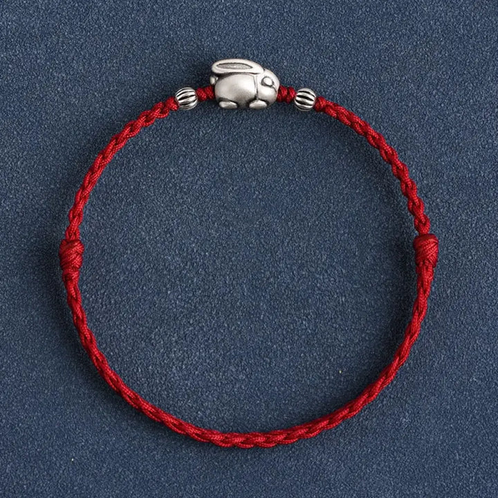 Buddha Stones Handmade 999 Sterling Silver Rabbit Luck Rope Bracelet Anklet - BWOOOH - Small Rabbit Bracelet(Wrist