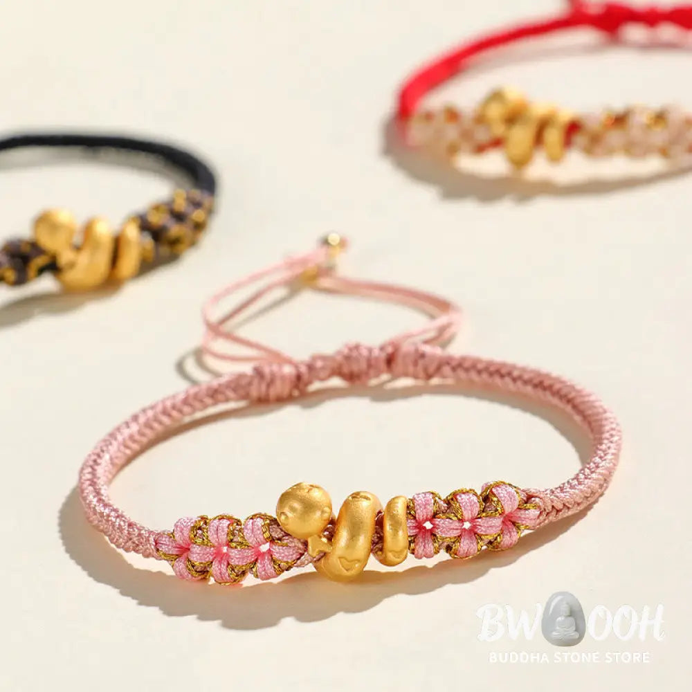 Buddha Stones Handmade 999 Sterling Silver Year Of The Snake Red String Heart Peach Blossom Luck Bracelet - BWOOOH