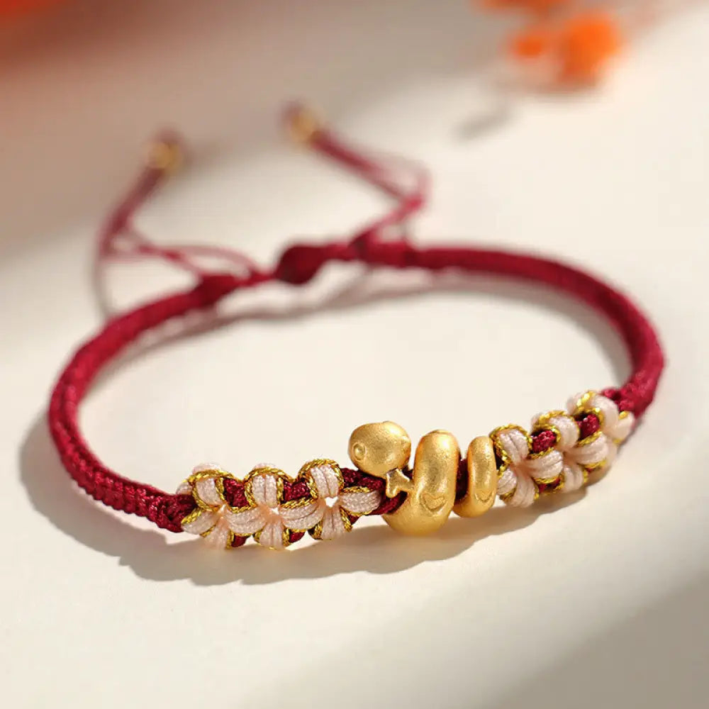 Buddha Stones Handmade 999 Sterling Silver Year Of The Snake Red String Heart Peach Blossom Luck Bracelet - BWOOOH