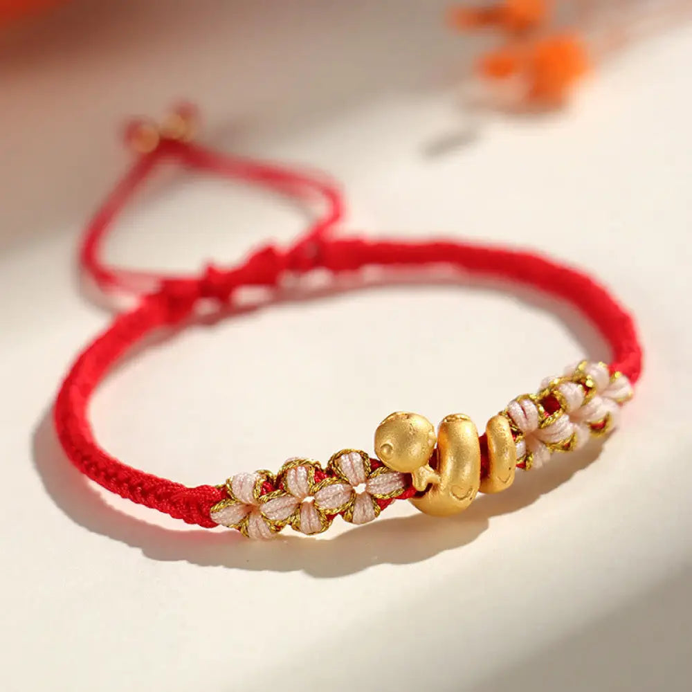 BWOOOH Handmade 999 Sterling Silver Year Of The Snake Red String Heart Peach Blossom Luck Bracelet - BWOOOH