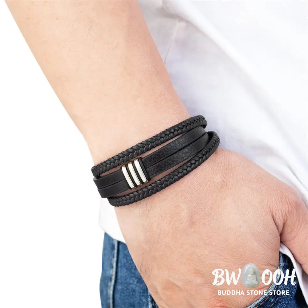 Buddha Stones Handmade Braided Leather Calm Titanium Steel Buckle Bracelet - Bracelet