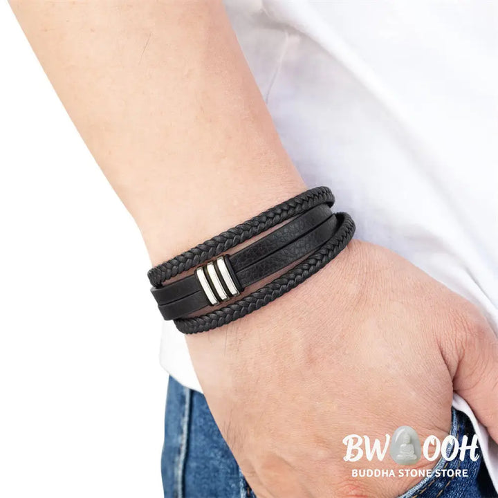 Buddha Stones Handmade Braided Leather Calm Titanium Steel Buckle Bracelet - Bracelet