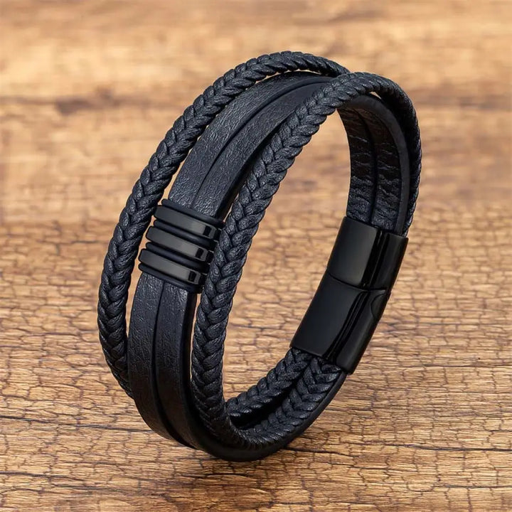 BWOOOH Handmade Braided Leather Calm Titanium Steel Buckle Bracelet - Black / 16-18cm - Bracelet