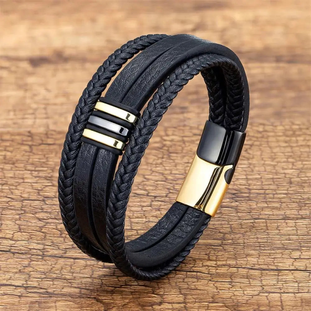 Buddha Stones Handmade Braided Leather Calm Titanium Steel Buckle Bracelet - Black Gold / 16-18cm - Bracelet