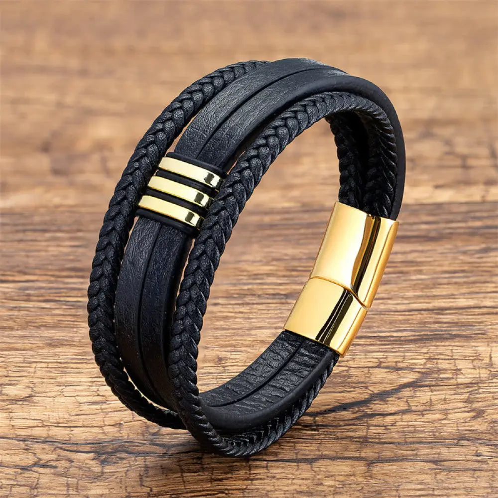 Buddha Stones Handmade Braided Leather Calm Titanium Steel Buckle Bracelet - Gold / 16-18cm - Bracelet