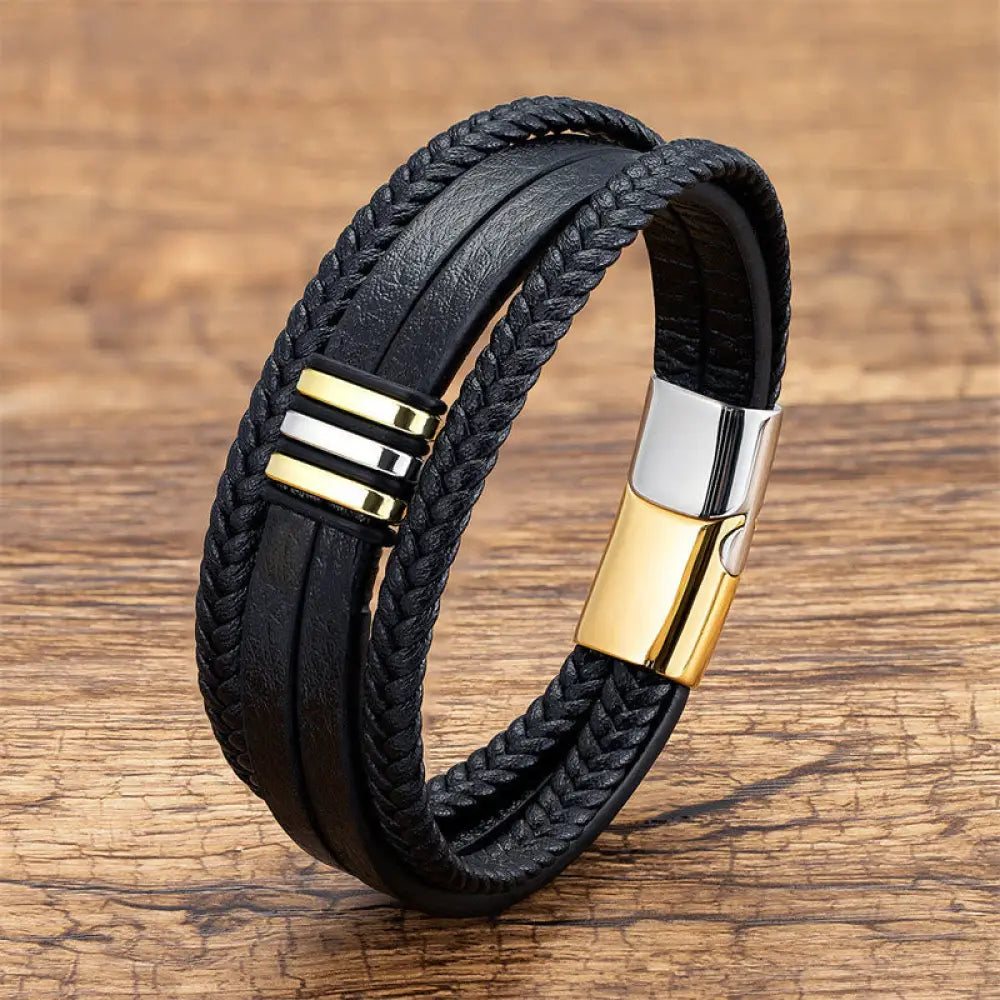 Buddha Stones Handmade Braided Leather Calm Titanium Steel Buckle Bracelet - Gold Silver / 16-18cm - Bracelet
