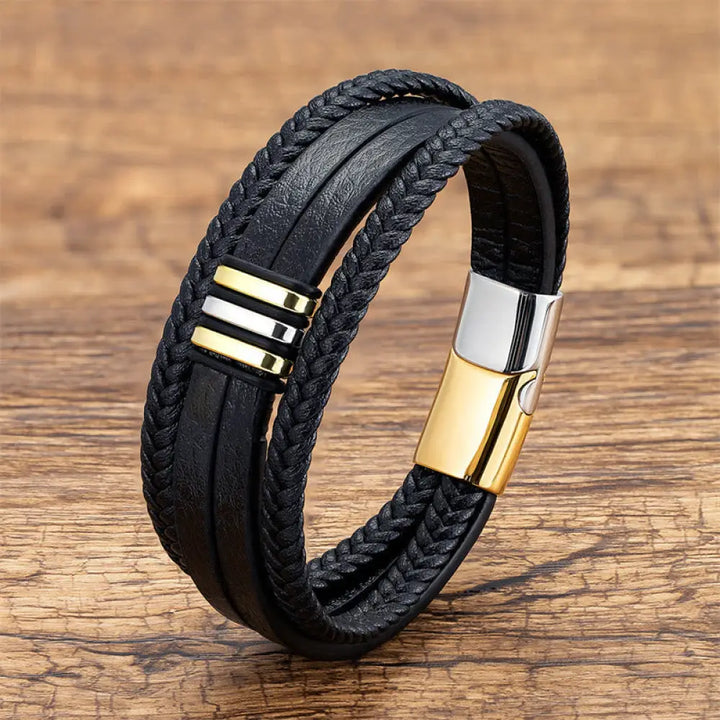 Buddha Stones Handmade Braided Leather Calm Titanium Steel Buckle Bracelet - Gold Silver / 16-18cm - Bracelet
