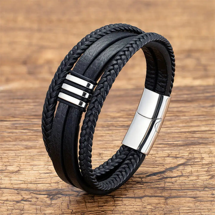 Buddha Stones Handmade Braided Leather Calm Titanium Steel Buckle Bracelet - Silver / 16-18cm - Bracelet