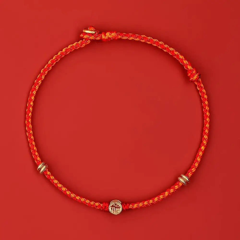 Buddha Stones Handmade Braided Red String 925 Sterling Silver Fu Character Luck Bracelet - BWOOOH - Gold String 925