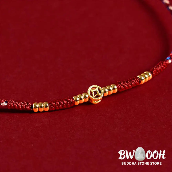 Buddha Stones Handmade Braided Red String Copper Coins Luck Bracelet - Bracelet