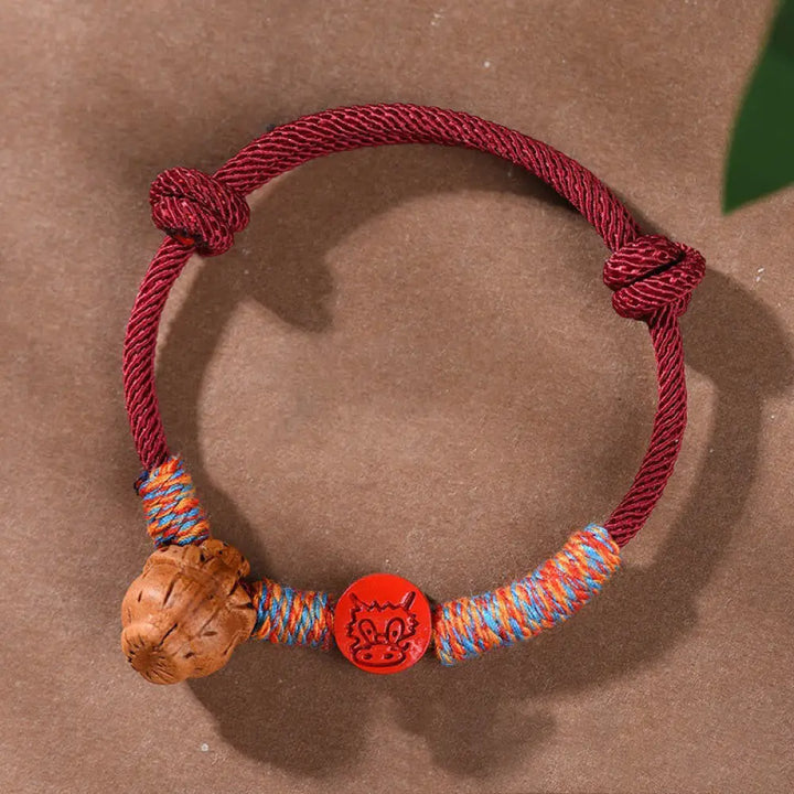 Buddha Stones Handmade Chinese Zodiac Red String Peach Pit Cinnabar Luck Bracelet - BWOOOH - Dragon / Red Rope(Wrist