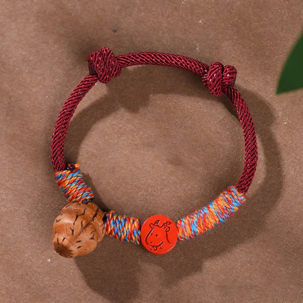 Buddha Stones Handmade Chinese Zodiac Red String Peach Pit Cinnabar Luck Bracelet - BWOOOH - Goat / Red Rope(Wrist