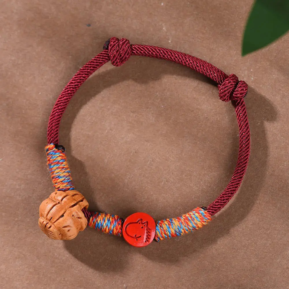 Buddha Stones Handmade Chinese Zodiac Red String Peach Pit Cinnabar Luck Bracelet - BWOOOH - Horse / Red Rope(Wrist