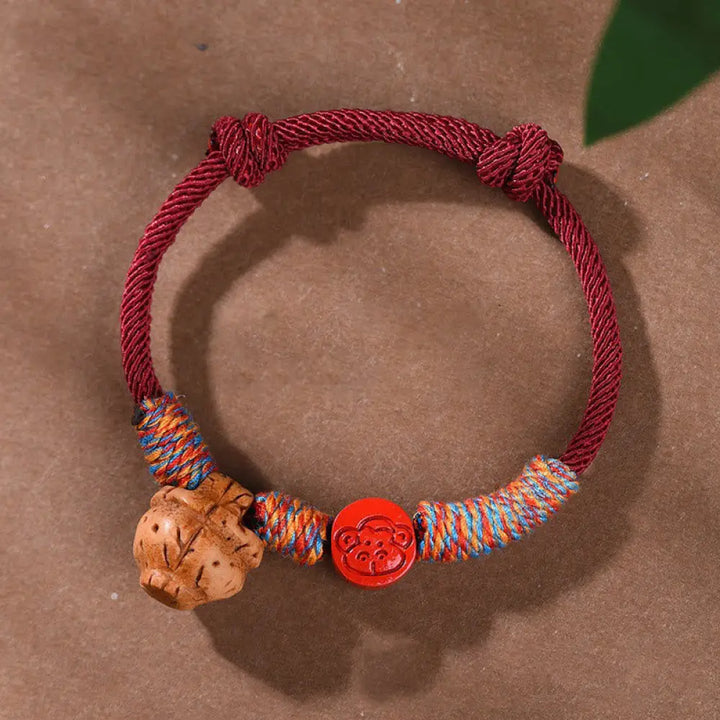 Buddha Stones Handmade Chinese Zodiac Red String Peach Pit Cinnabar Luck Bracelet - BWOOOH - Monkey / Red Rope(Wrist