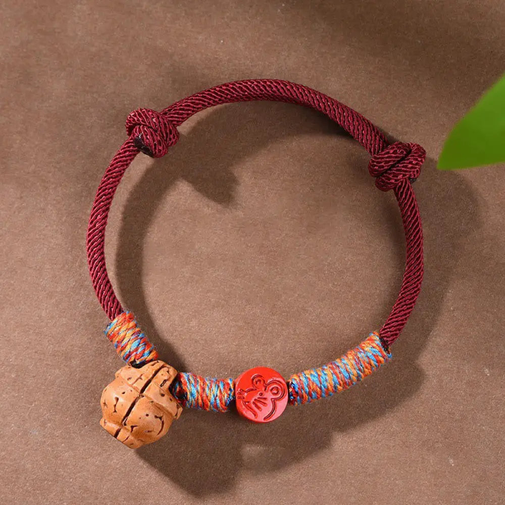 Buddha Stones Handmade Chinese Zodiac Red String Peach Pit Cinnabar Luck Bracelet - BWOOOH - Rat / Red Rope(Wrist
