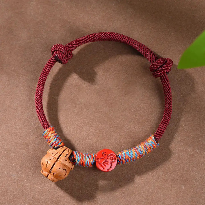 Buddha Stones Handmade Chinese Zodiac Red String Peach Pit Cinnabar Luck Bracelet - BWOOOH - Rat / Red Rope(Wrist