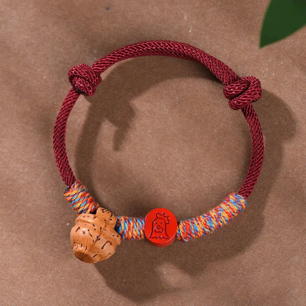 Buddha Stones Handmade Chinese Zodiac Red String Peach Pit Cinnabar Luck Bracelet - BWOOOH - Rooster / Red Rope(Wrist
