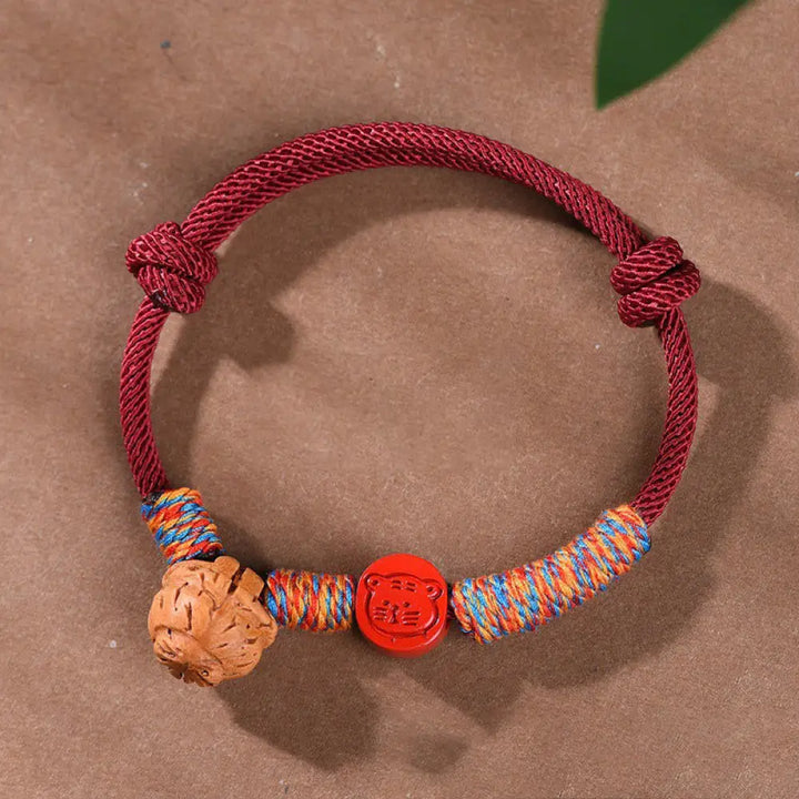 Buddha Stones Handmade Chinese Zodiac Red String Peach Pit Cinnabar Luck Bracelet - BWOOOH - Tiger / Red Rope(Wrist