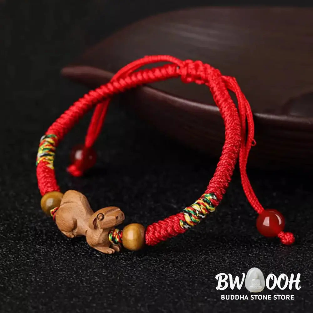 Buddha Stones Handmade Chinese Zodiac Red String Peach Wood Luck Bracelet - BWOOOH - Bracelet