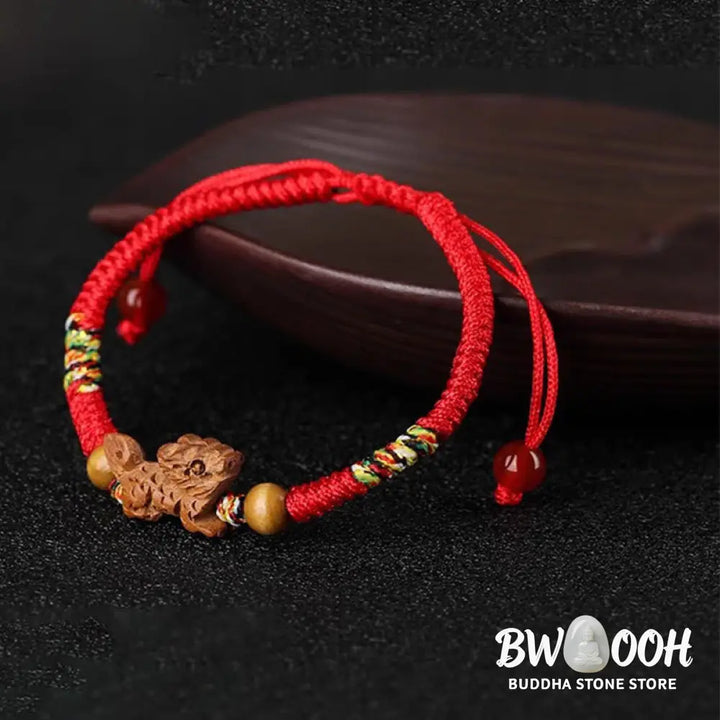 Buddha Stones Handmade Chinese Zodiac Red String Peach Wood Luck Bracelet - BWOOOH - Bracelet