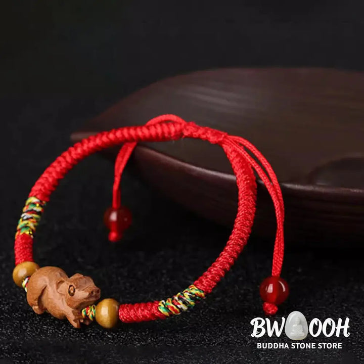 Buddha Stones Handmade Chinese Zodiac Red String Peach Wood Luck Bracelet - BWOOOH - Bracelet