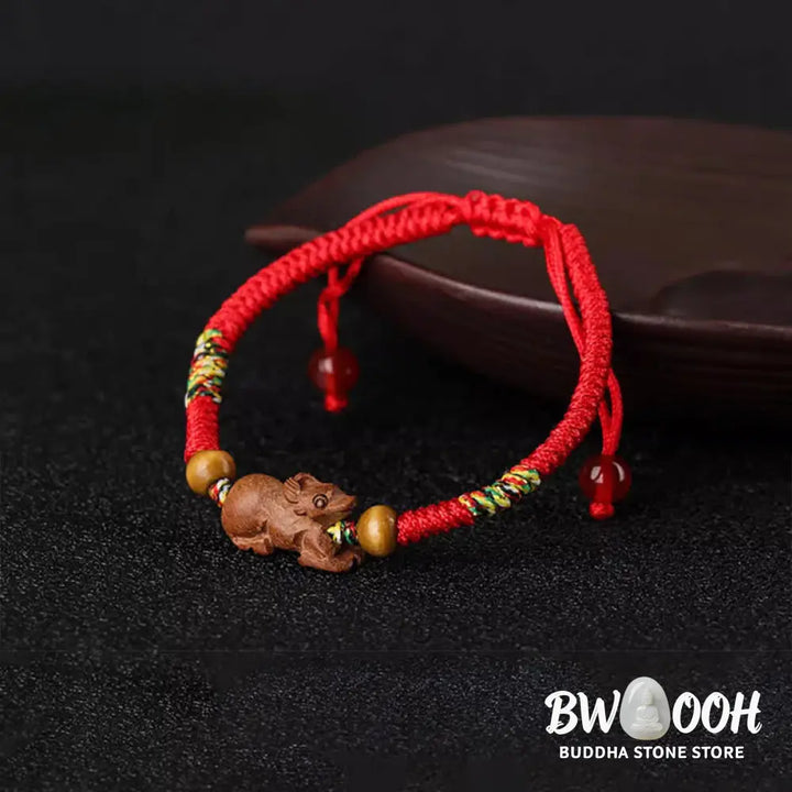 Buddha Stones Handmade Chinese Zodiac Red String Peach Wood Luck Bracelet - BWOOOH - Bracelet