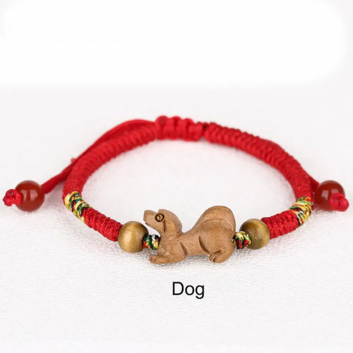 Buddha Stones Handmade Chinese Zodiac Red String Peach Wood Luck Bracelet - BWOOOH - Dog / Red Rope(Wrist