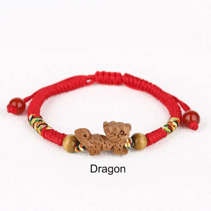 Buddha Stones Handmade Chinese Zodiac Red String Peach Wood Luck Bracelet - BWOOOH - Dragon / Red Rope(Wrist