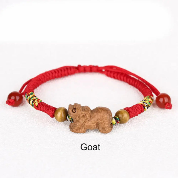 Buddha Stones Handmade Chinese Zodiac Red String Peach Wood Luck Bracelet - BWOOOH - Goat / Red Rope(Wrist