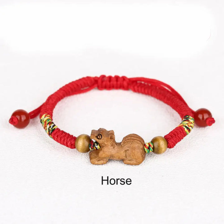 Buddha Stones Handmade Chinese Zodiac Red String Peach Wood Luck Bracelet - BWOOOH - Horse / Red Rope(Wrist