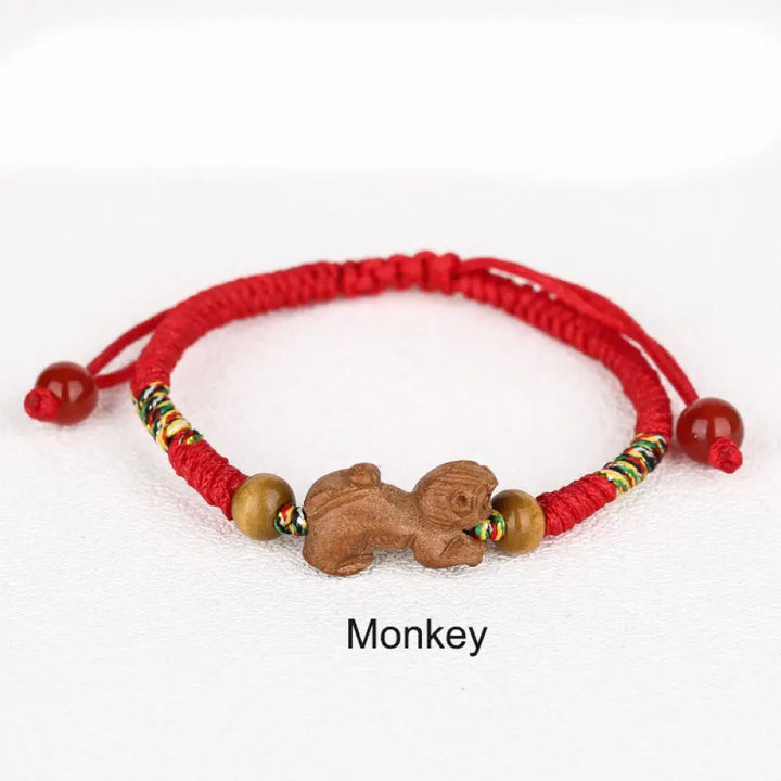 Buddha Stones Handmade Chinese Zodiac Red String Peach Wood Luck Bracelet - BWOOOH - Monkey / Red Rope(Wrist