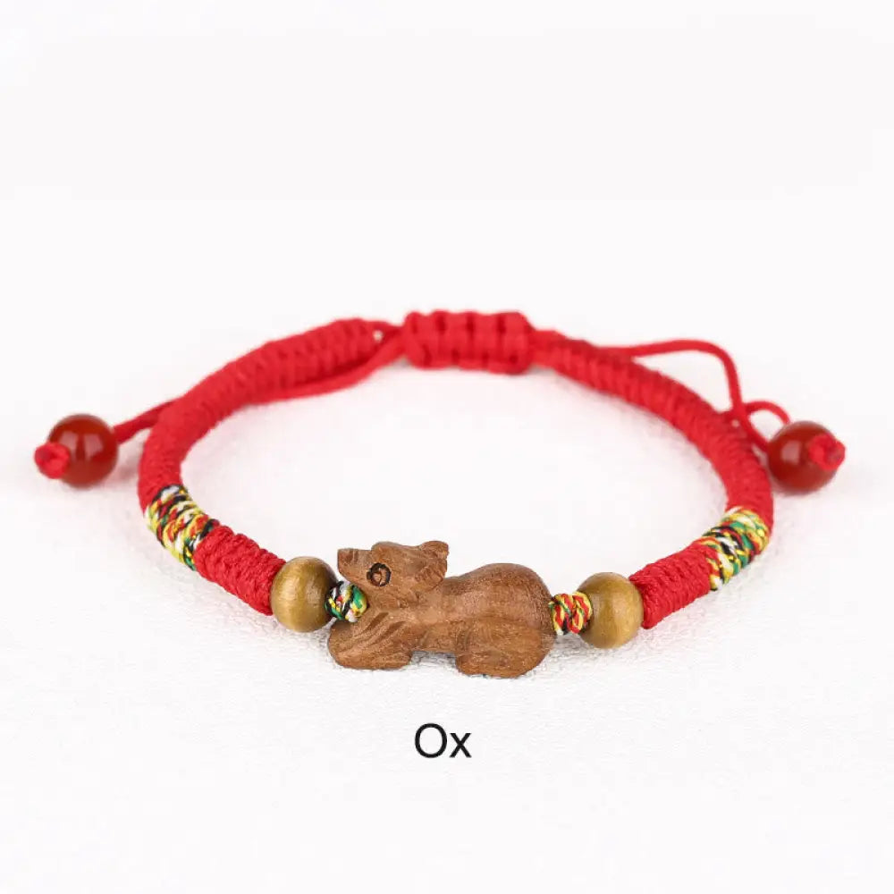 Buddha Stones Handmade Chinese Zodiac Red String Peach Wood Luck Bracelet - BWOOOH - Ox / Red Rope(Wrist Circumference: