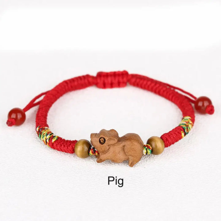 Buddha Stones Handmade Chinese Zodiac Red String Peach Wood Luck Bracelet - BWOOOH - Pig / Red Rope(Wrist