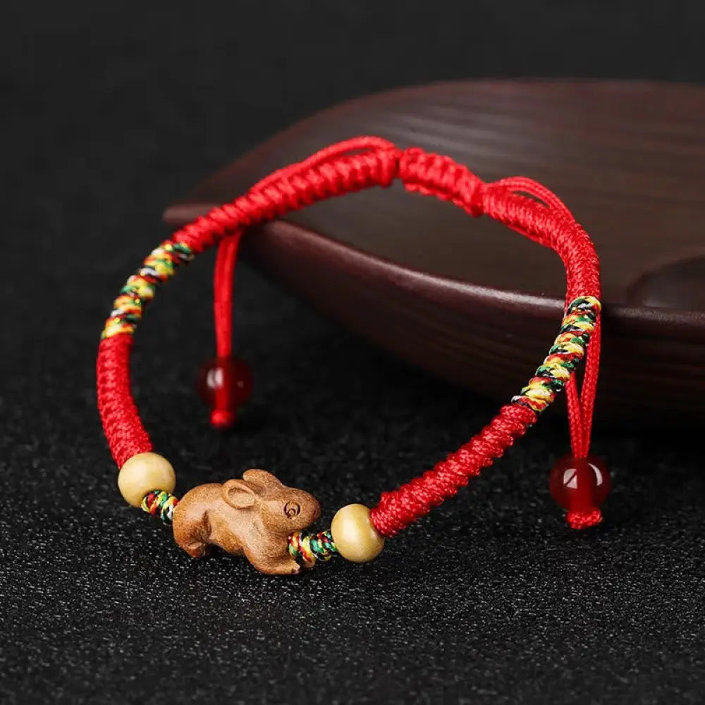 BWOOOH Handmade Chinese Zodiac Red String Peach Wood Luck Bracelet — String Tibetan bracelet for spiritual healing and min...
