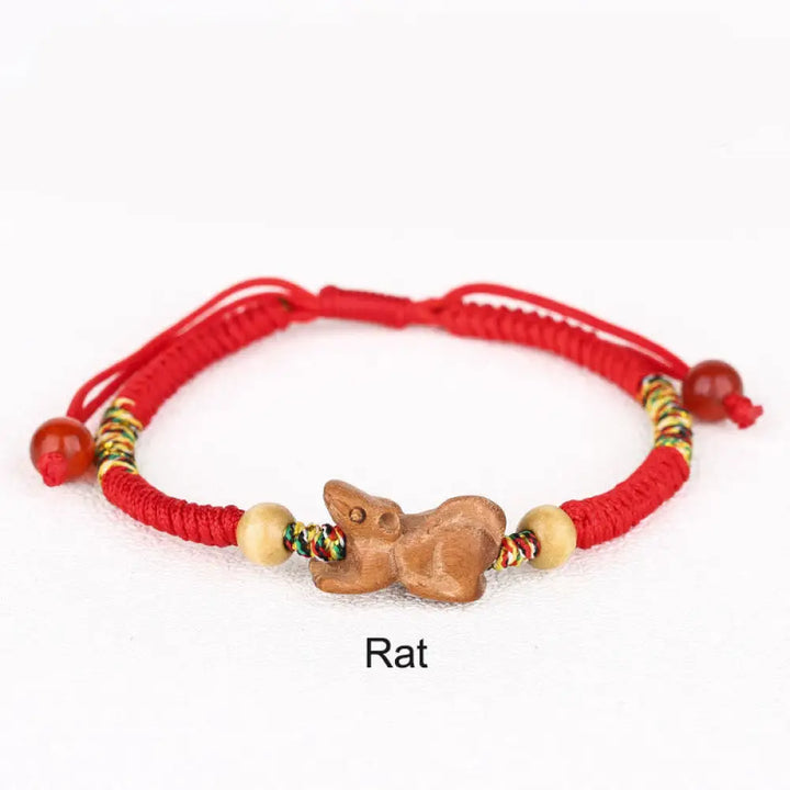 Buddha Stones Handmade Chinese Zodiac Red String Peach Wood Luck Bracelet - BWOOOH - Rat / Red Rope(Wrist